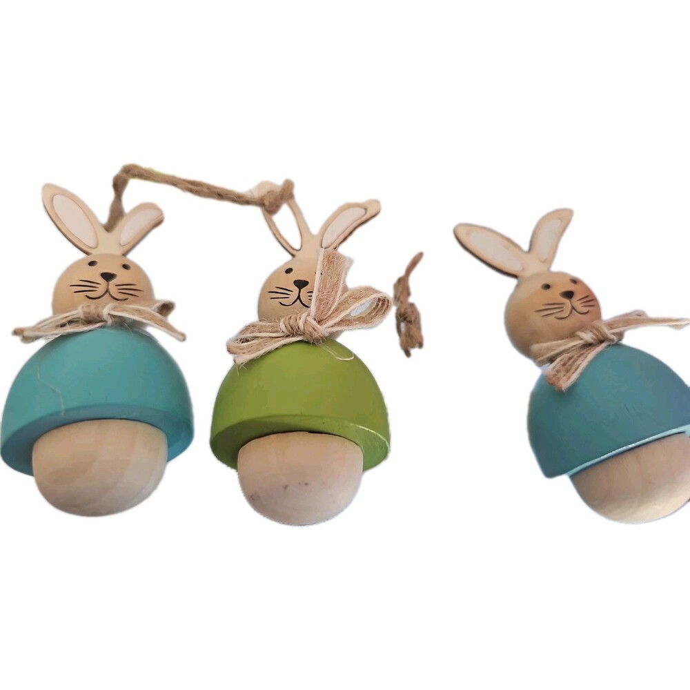 Set of 3 Wooden Bunny Easter Egg Ornaments Rustic Farmhouse Spring Decor